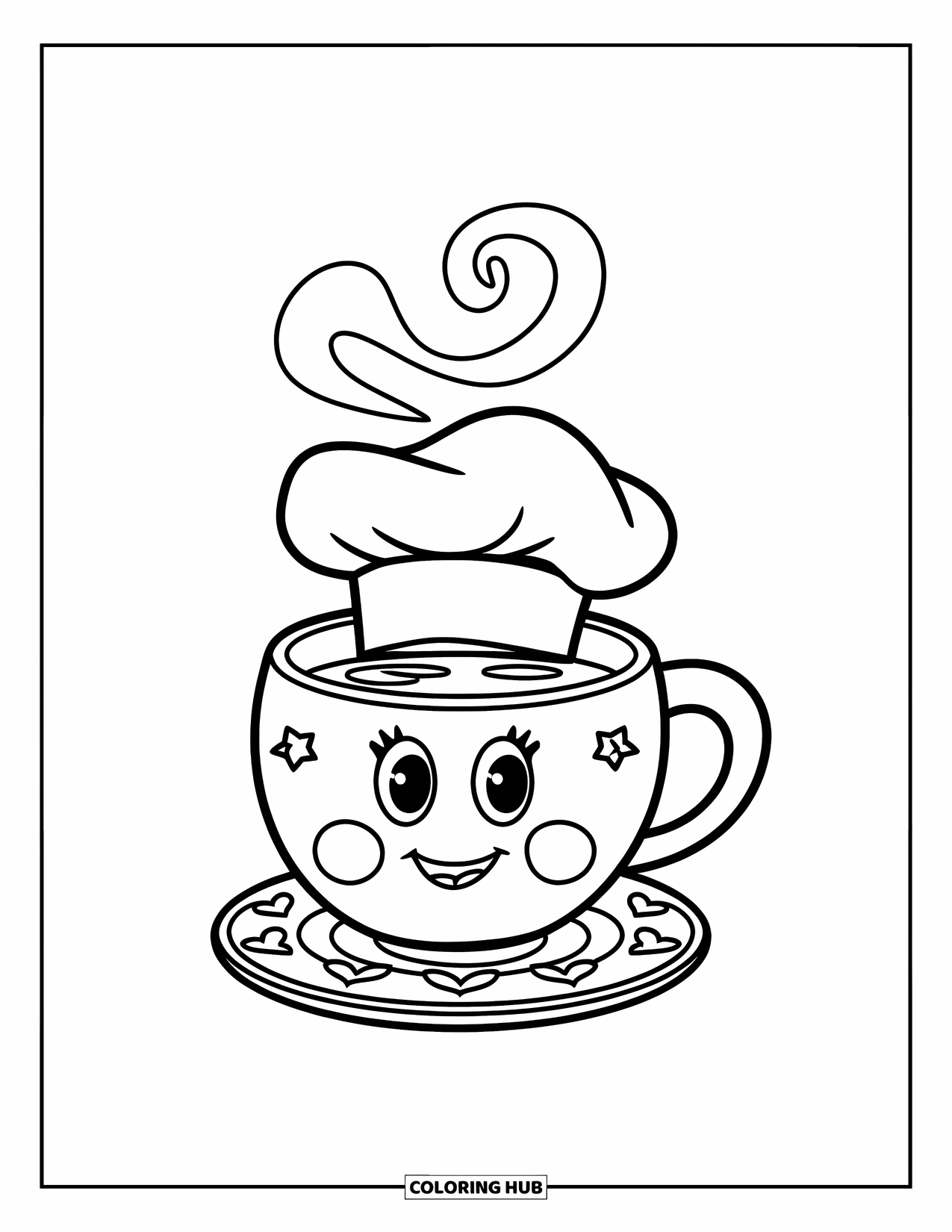 Coffee Coloring Page for Kids: A smiling coffee mug wearing a chef's hat on a saucer