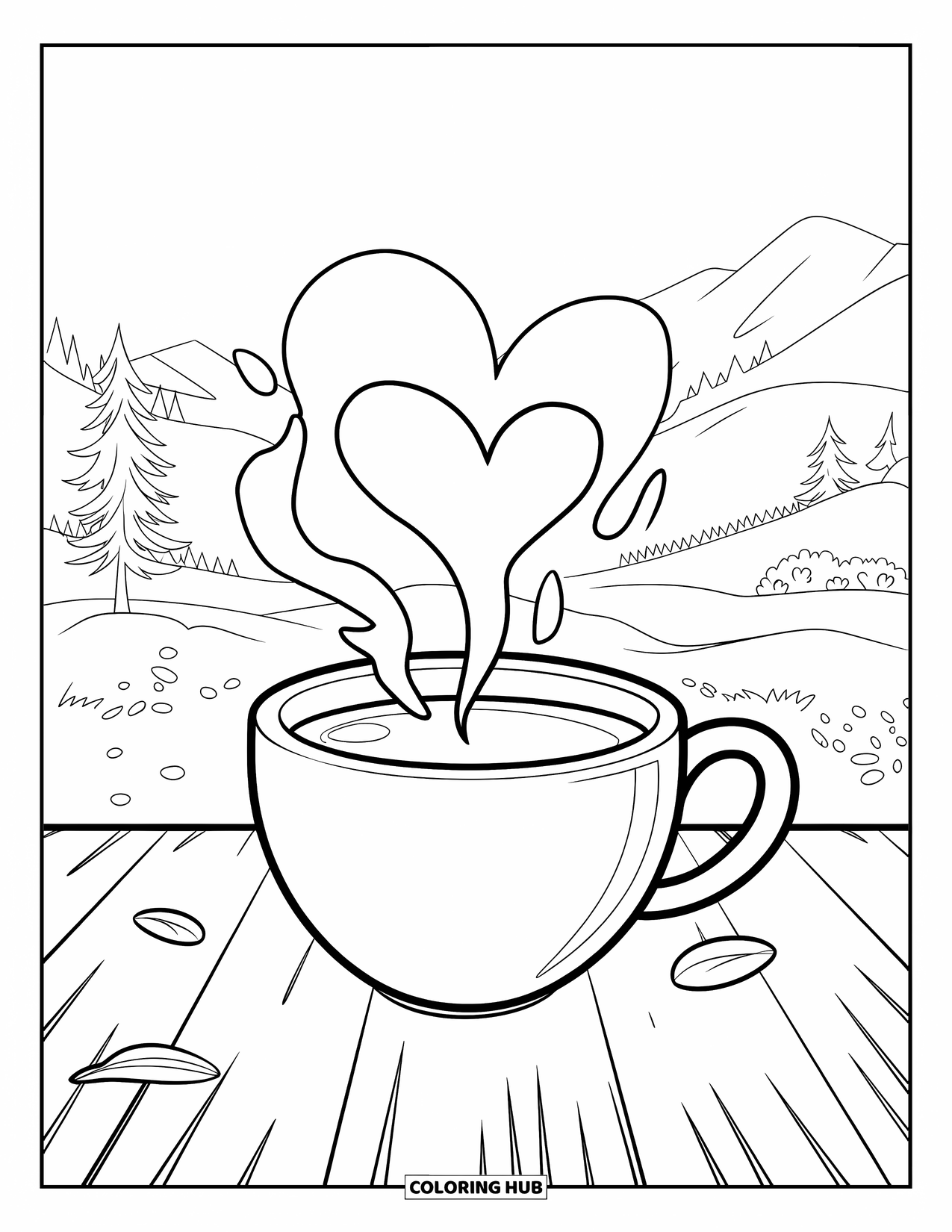 Coffee Coloring Page for Kids: A steaming coffee cup on a table with scattered leaves