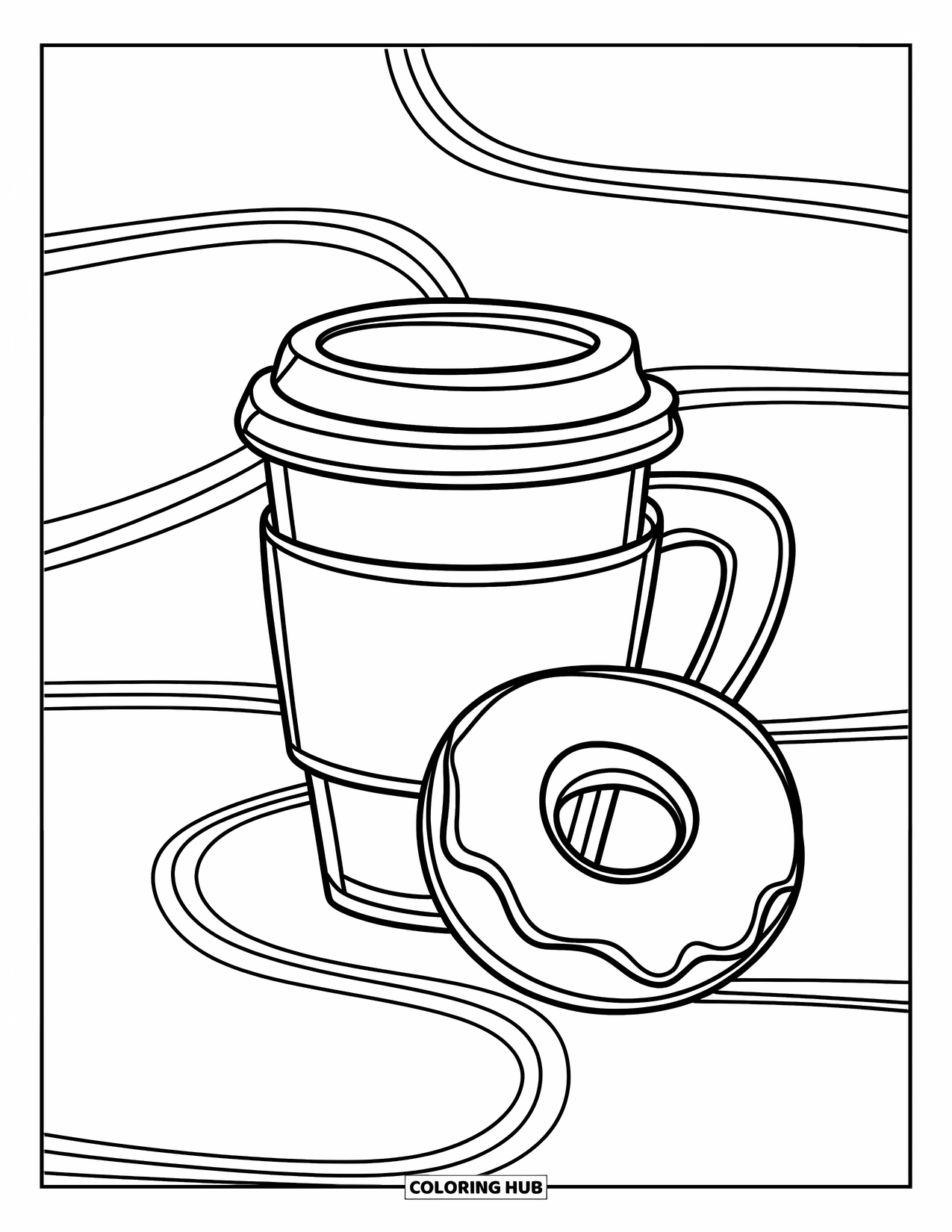 Coffee Coloring Page for Kids: A steaming coffee cup with a donut beside it