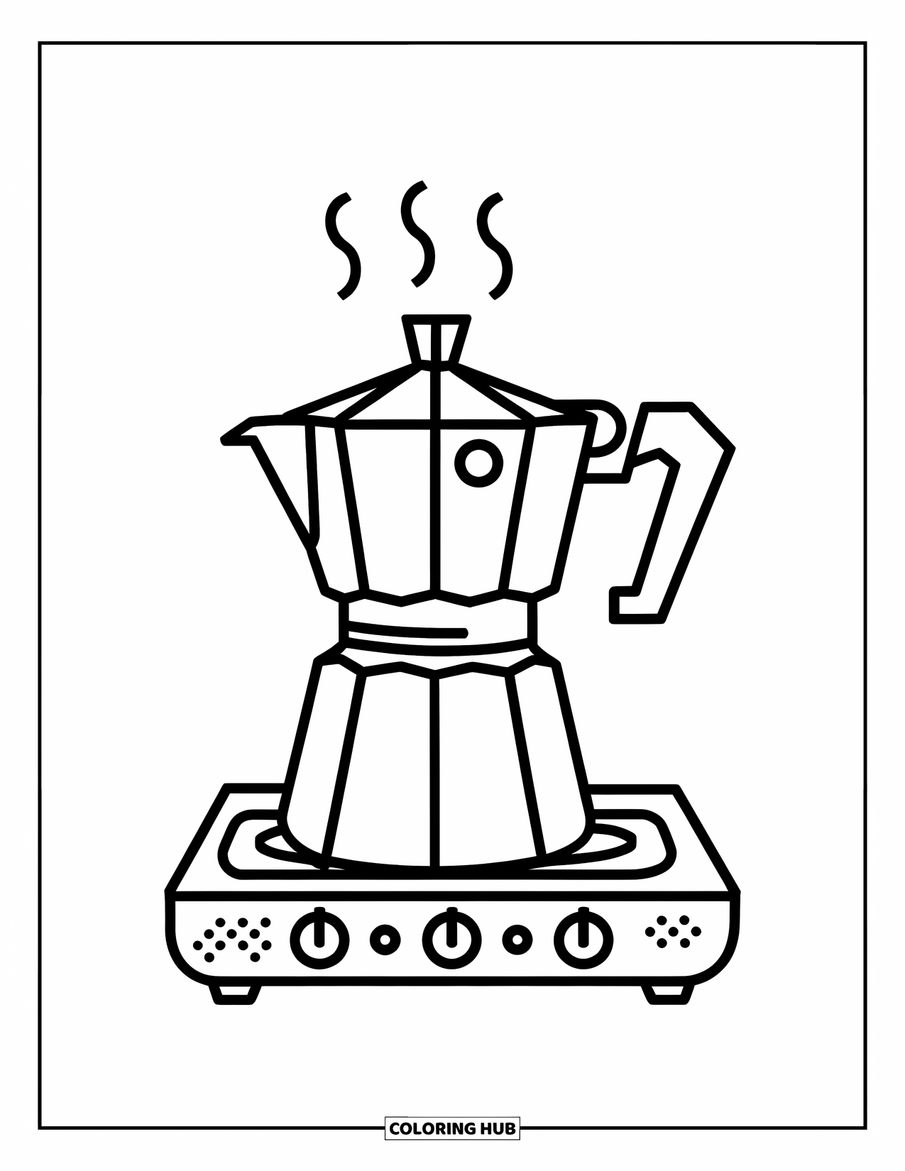 Coffee Coloring Page for Kids: A steaming coffee pot sitting on a stove