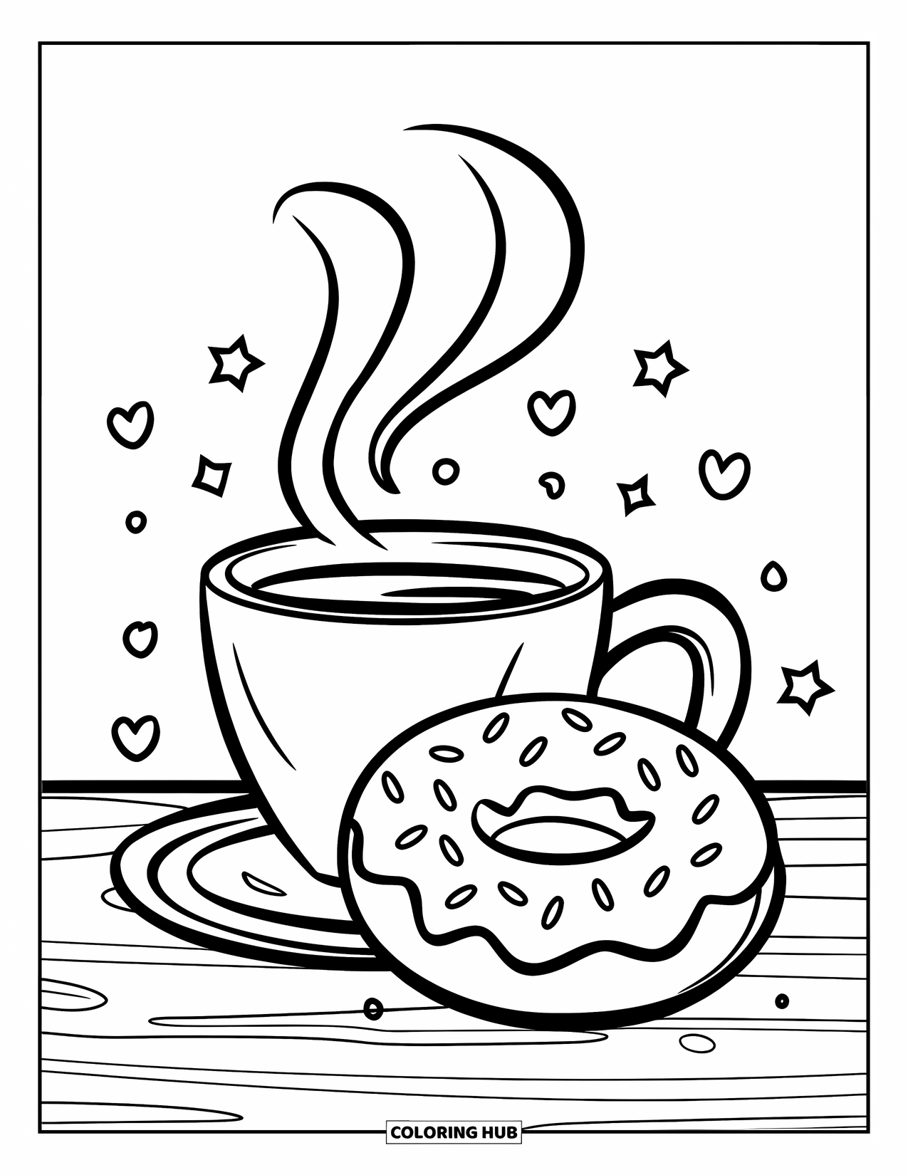 Coffee Coloring Page for Kids: A steaming cup with a sprinkled donut, surrounded by hearts and stars