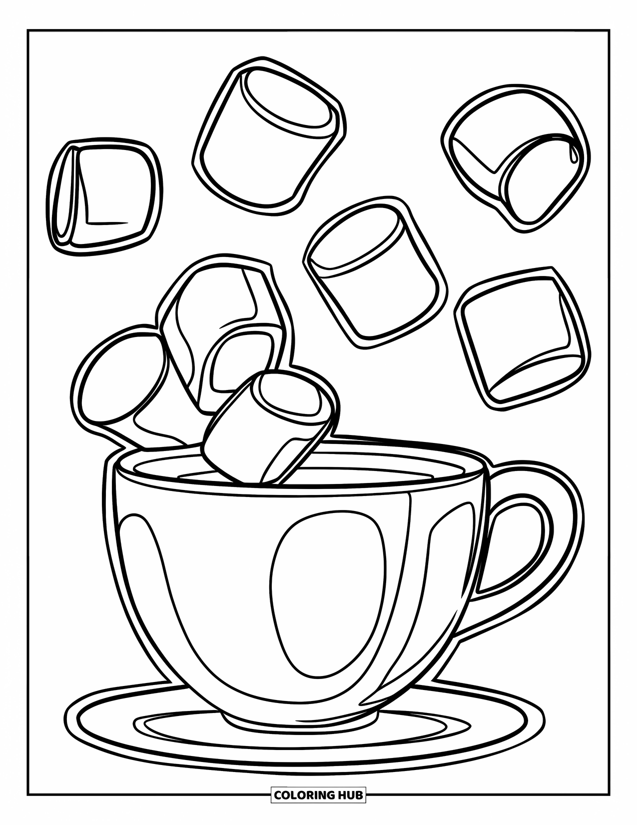 Coffee Coloring Page for Kids: A steaming cup with floating marshmallows and bold lines