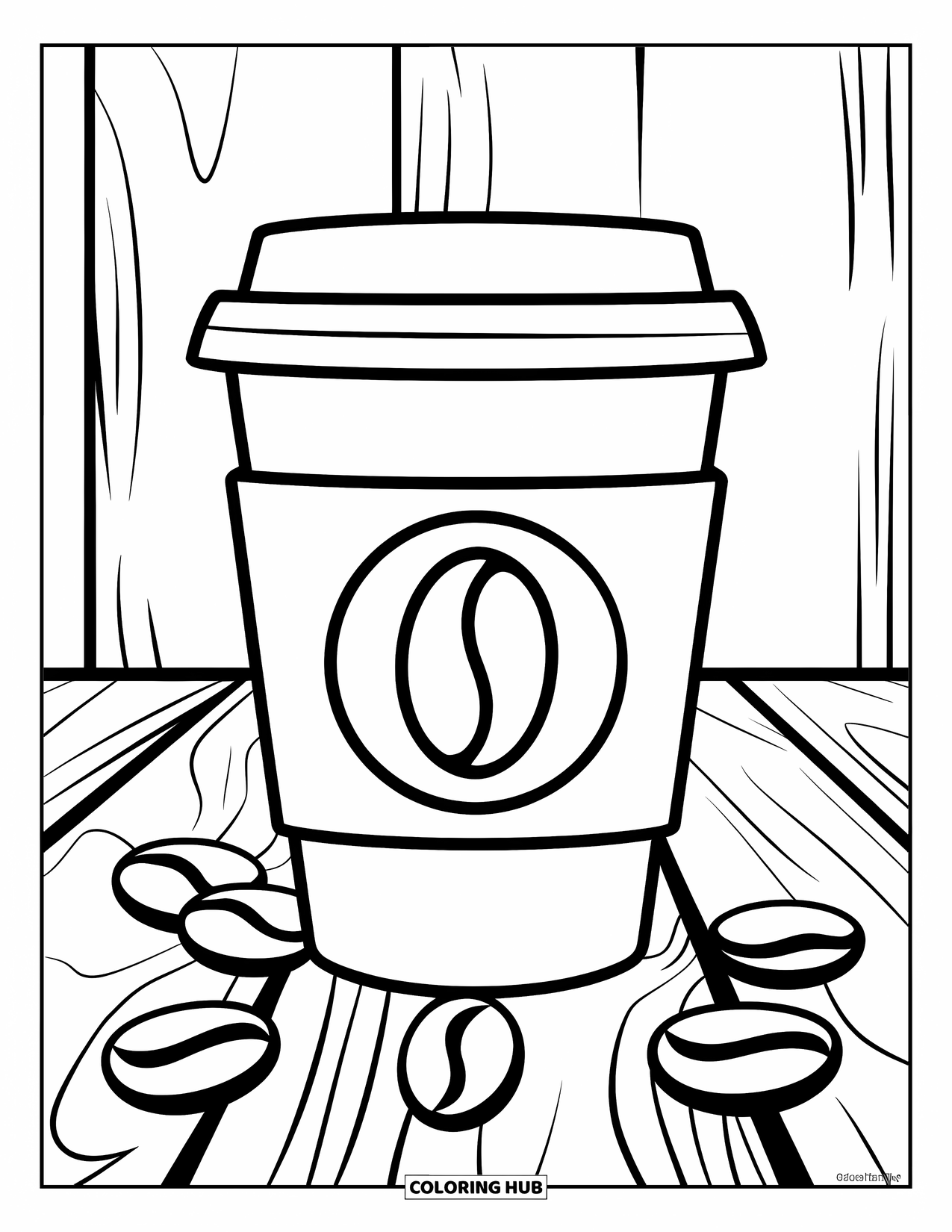Coffee Coloring Page for Kids: A takeaway cup with coffee beans scattered around it