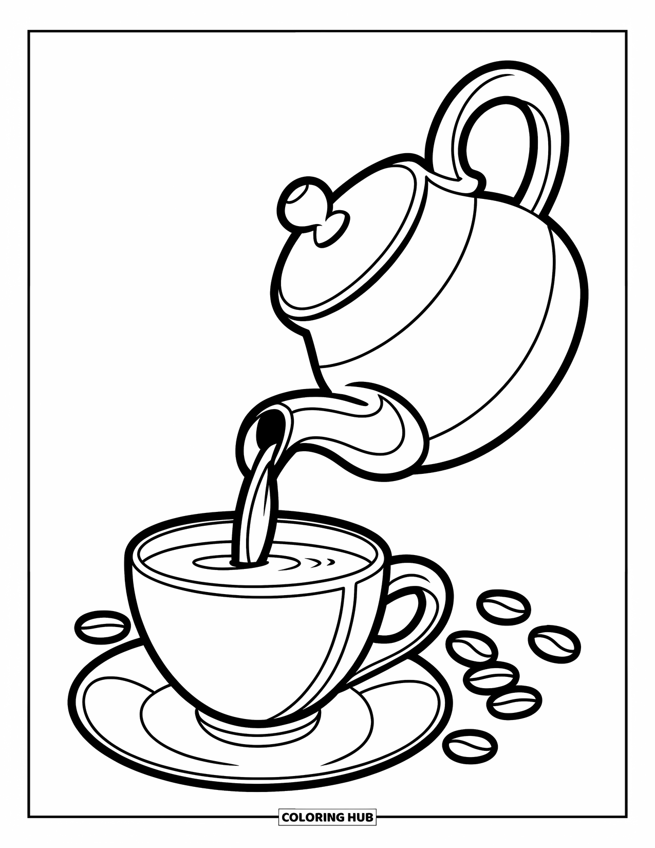 Coffee Coloring Page for Kids: A teapot pouring coffee into a cup, outlined boldly with a clean background