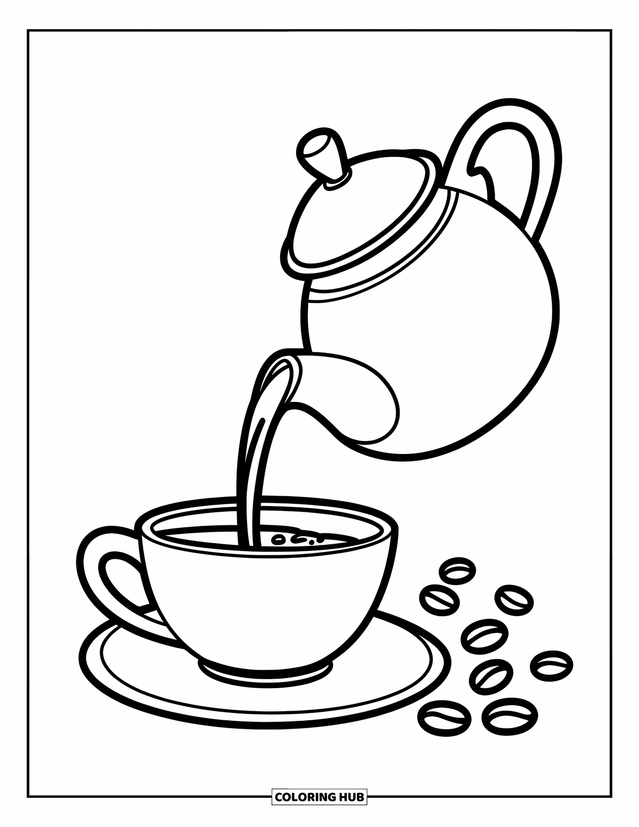 Coffee Coloring Page for Kids: A teapot pouring coffee into a cup, with no textures or shading