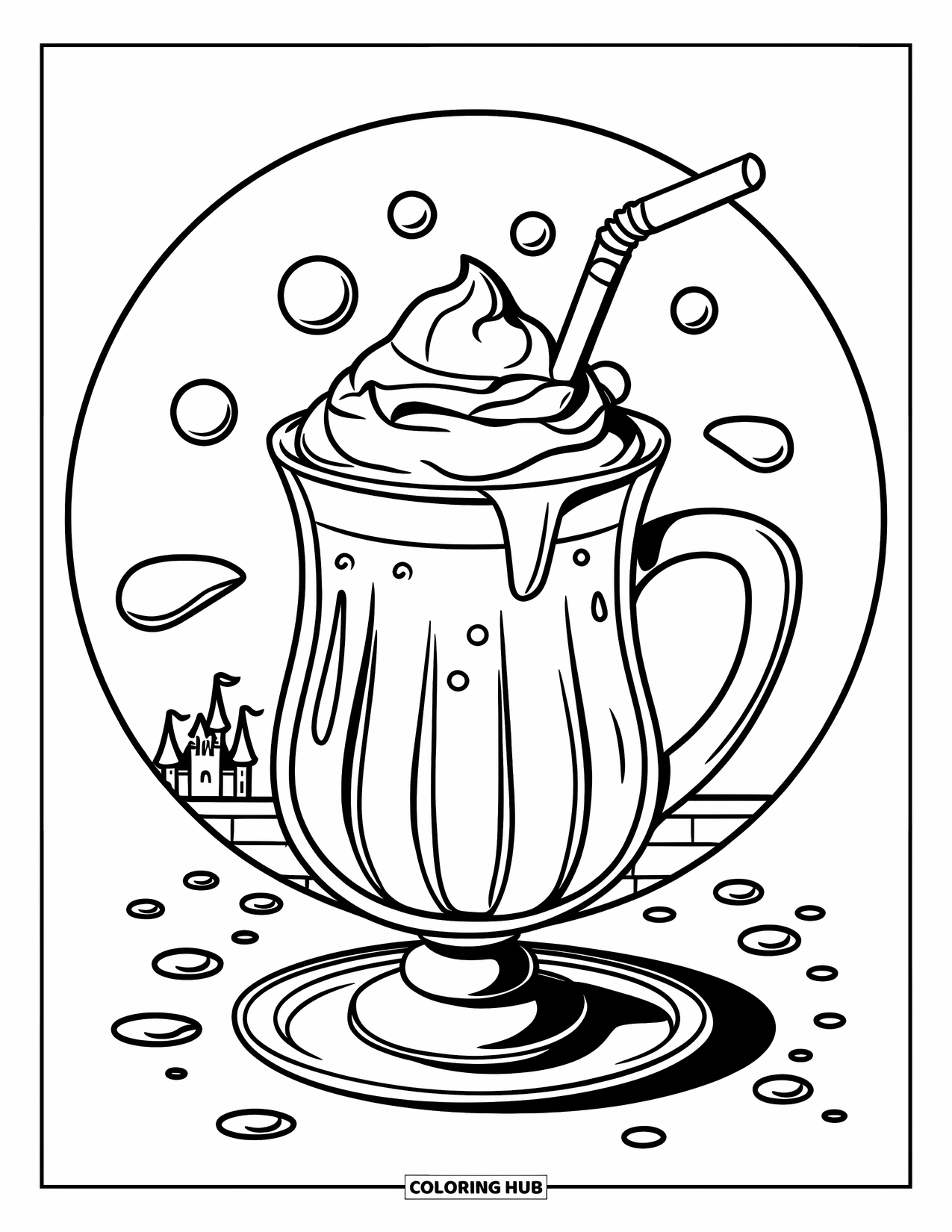 Coffee Coloring Page for Kids: A tumbler with whipped cream, a straw, and liquid drops around it
