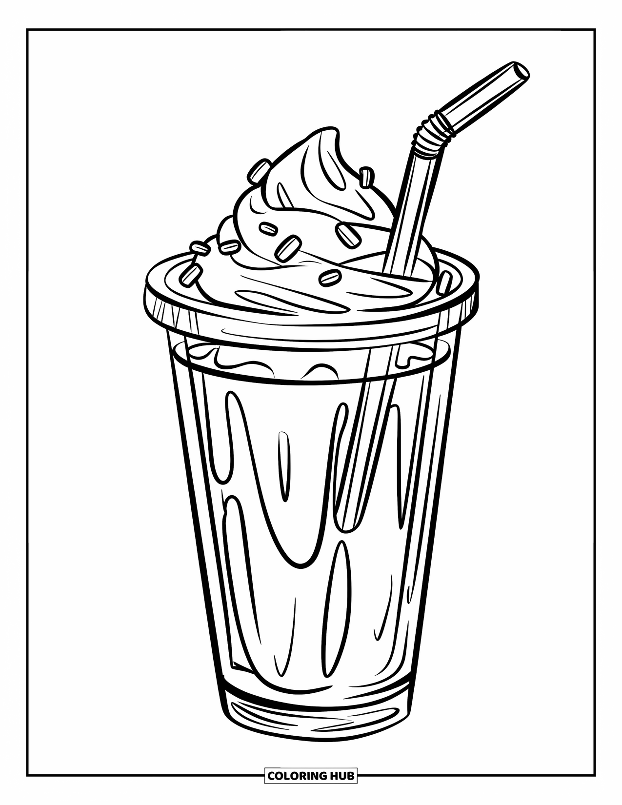 Coffee Coloring Page for Kids: A tumbler with whipped topping, a straw, and sprinkles on top