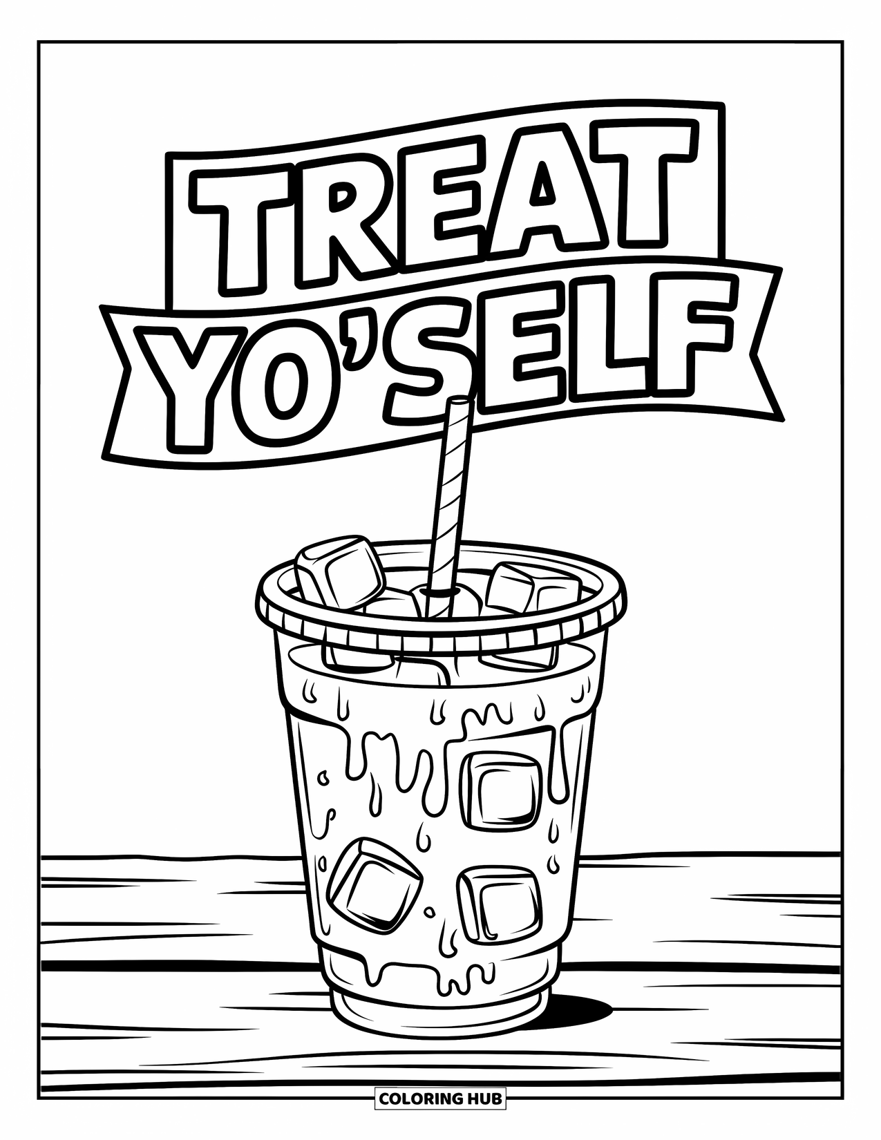 Coffee Coloring Page for Kids: An iced coffee cup with a straw, placed on a wooden surface under a text banner