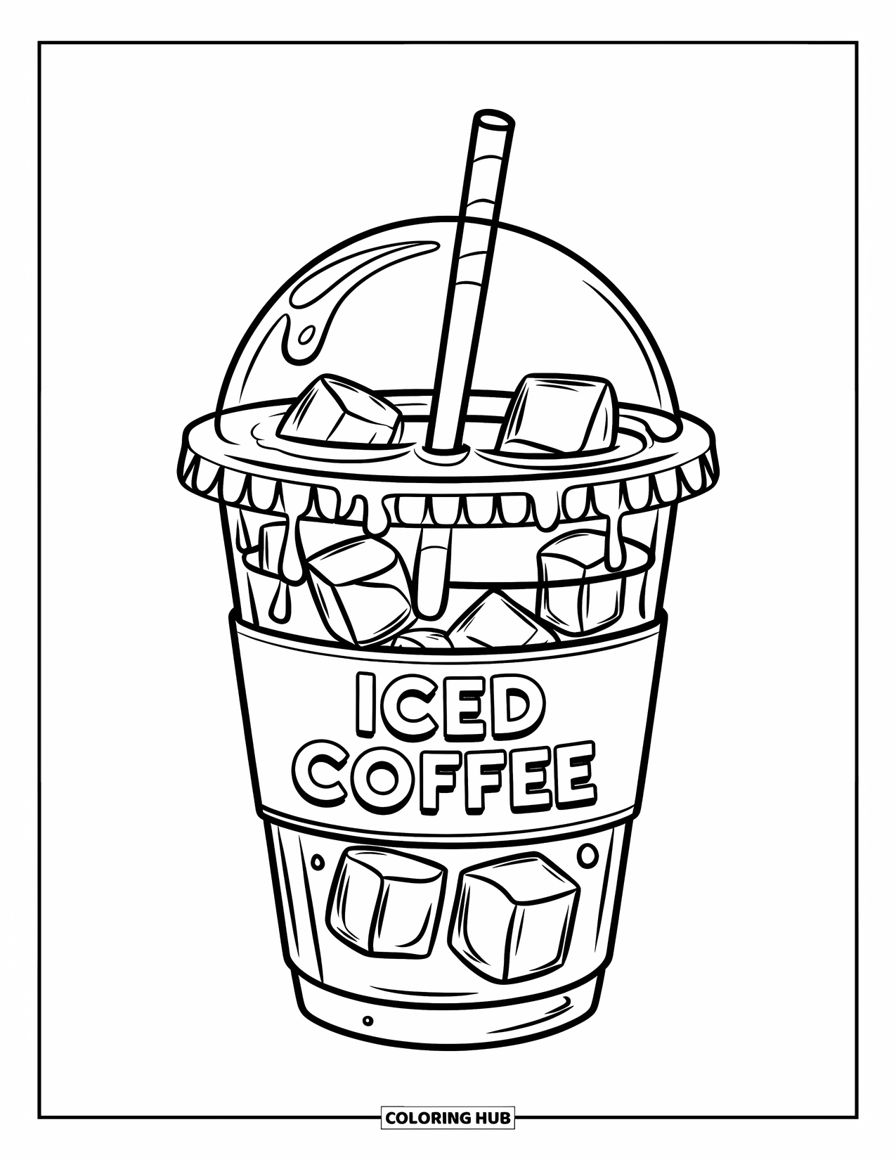 Coffee Coloring Page for Kids: An iced coffee cup with condensation lines, ice cubes, and a straw