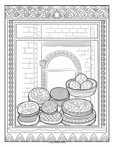 Coloriage de cookie pour adultes : une vitrine de boulangerie avec une variété de cookies, entourée d’une bordure décorative et d’un mur de briques