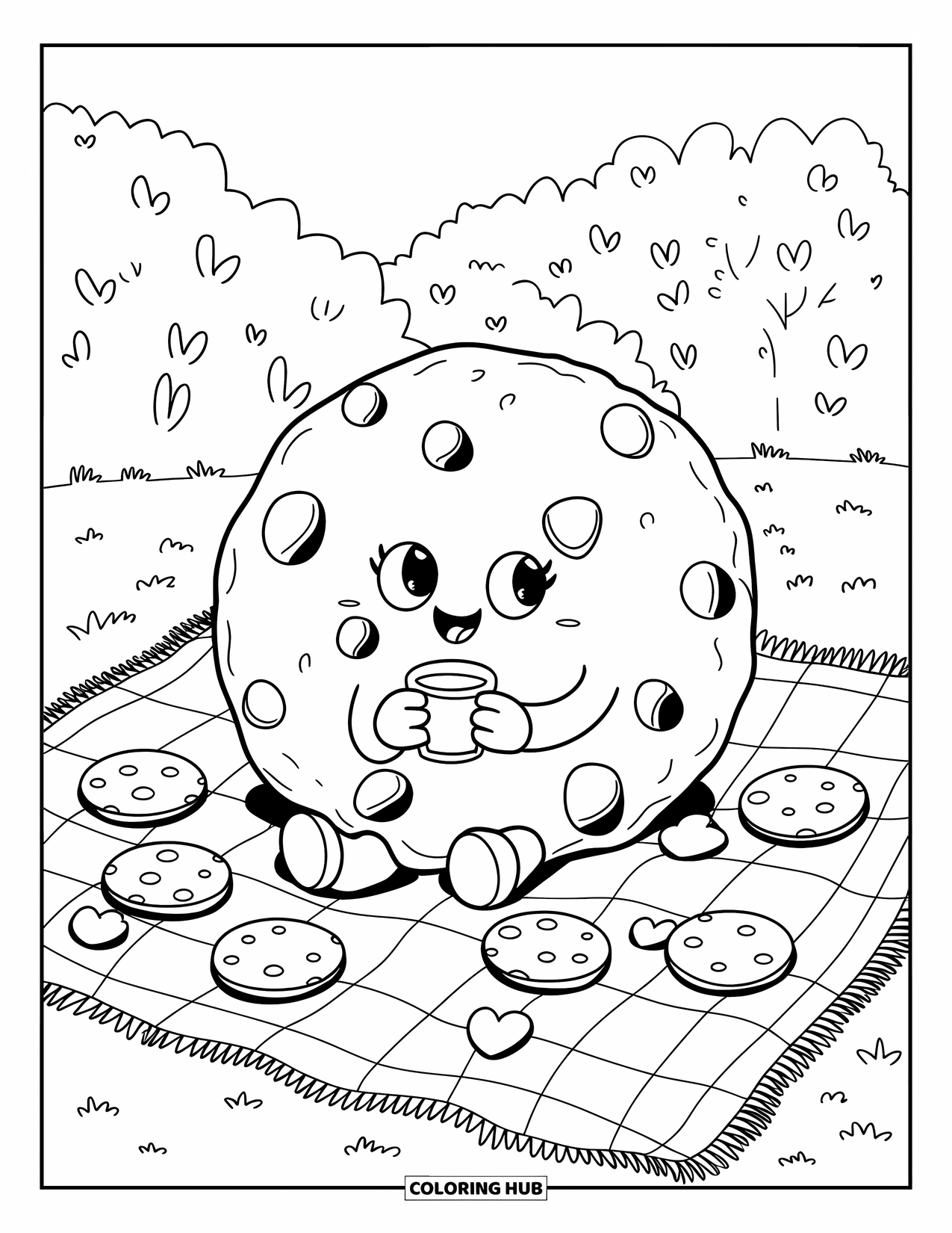 Cookie Coloring Page for Adults: A chocolate chip cookie enjoys a picnic, with scattered cookies and a peaceful background
