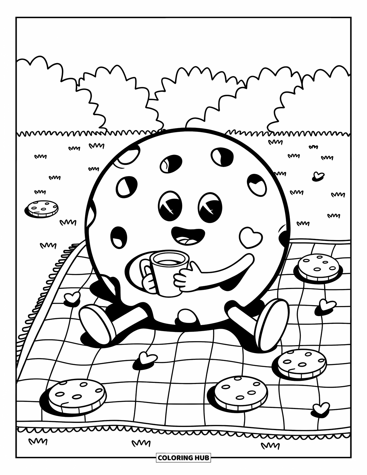 Cookie Coloring Page for Adults: A chocolate chip cookie sits on a picnic blanket, with milk and candy hearts around