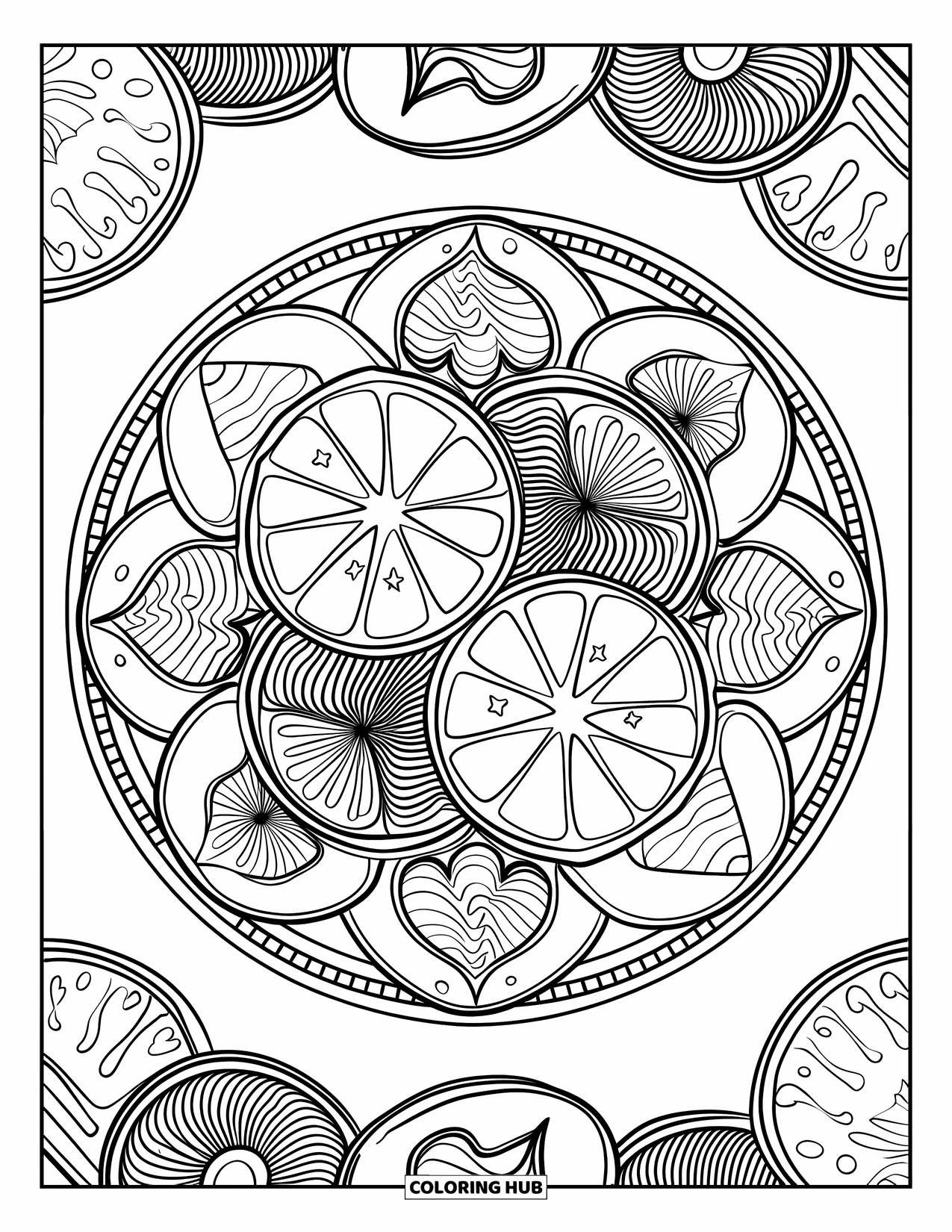 Cookie Coloring Page for Adults: A circular pattern of sugar cookies with hearts, stars, and waves for coloring