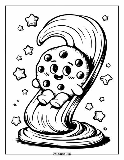 Coloriage de Cookie pour adultes : Un personnage de cookie glisse sur du glaçage, entouré d’étoiles en bonbons dans un espace confortable