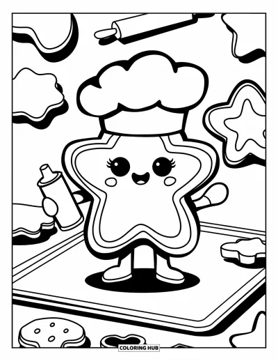 Coloriage de Cookie pour adultes : Un chef cookie se tient sur une plaque de cuisson, tenant du glaçage et entouré d’outils de pâtisserie