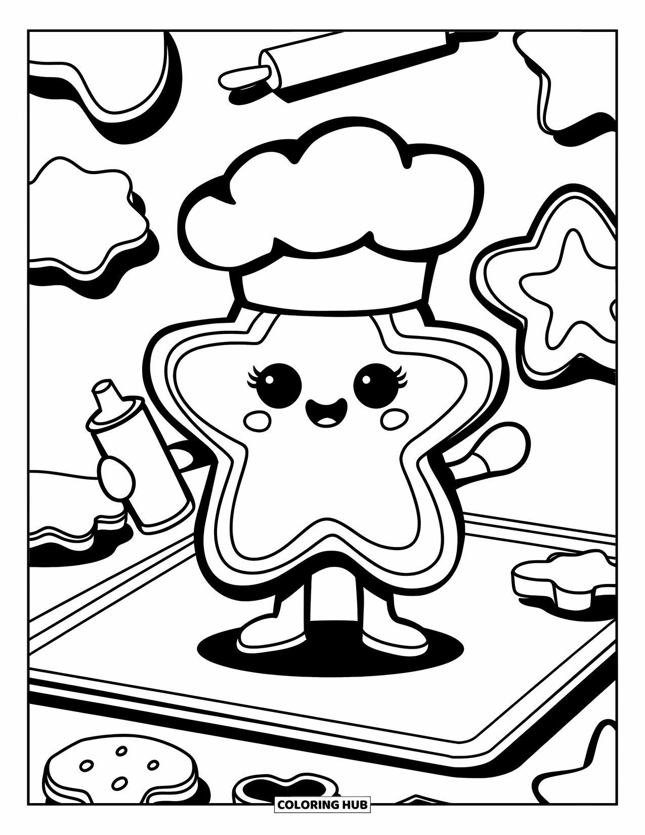 Cookie Coloring Page for Adults: A cookie chef stands on a baking tray, holding frosting and surrounded by baking tools