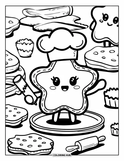 Coloriage de Cookie pour adultes : Un chef cookie se tient sur un plateau avec du glaçage, entouré d’outils de pâtisserie et d’autres cookies