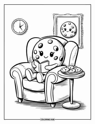 Coloriage de Cookie pour adultes : Un cookie apprécie un livre dans une chaise confortable, avec une assiette de cookies et de l’art