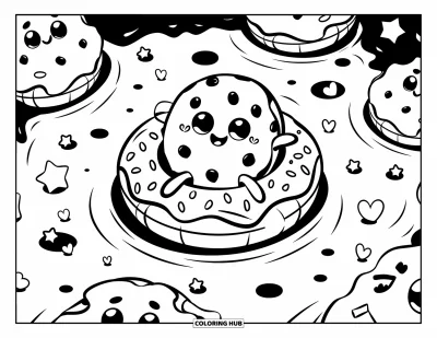 Coloriage de Cookie pour adultes : Un cookie flotte sur un anneau de beignet dans du lait, rejoint par d’autres cookies et des décorations ludiques