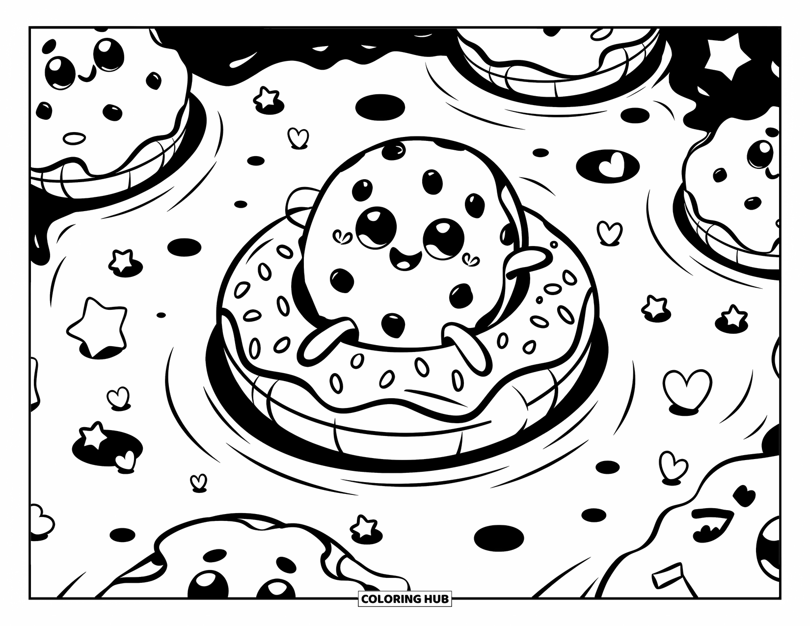 Cookie Coloring Page for Adults: A cookie floats on a donut ring in milk, joined by other cookies and playful decorations