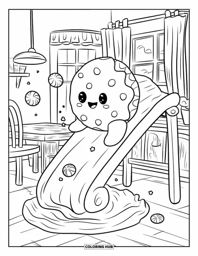 Coloriage de Cookie pour adultes : Un cookie glisse sur du glaçage dans une cuisine confortable, avec des étoiles en bonbons et des miettes de cookies