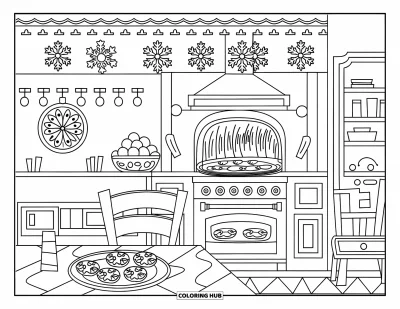 Coloriage de cookie pour adultes : une cuisine de fête confortable avec des cookies en train de cuire, une table en bois et des décorations festives