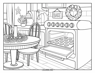 Coloriage de cookie pour adultes : une cuisine confortable avec des cookies en train de cuire, une décoration de table festive et un panneau « Bake »