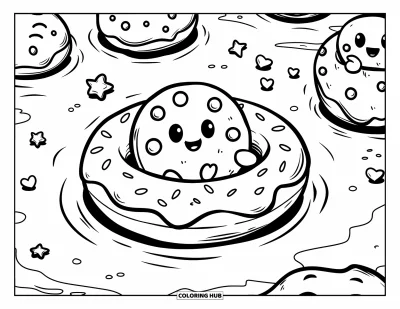 Coloriage de Cookie pour adultes : Un personnage de cookie mignon flotte sur un anneau de beignet dans une piscine de lait avec des amis