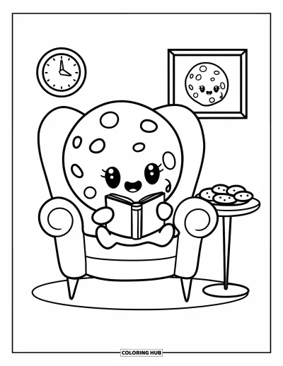 Coloriage de cookie pour adultes : un joli cookie lit un petit livre dans un fauteuil confortable avec une assiette de cookies à proximité