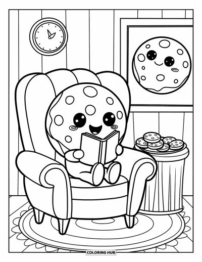 Coloriage de Cookie pour adultes : Un cookie mignon est assis dans un fauteuil, lisant avec une assiette de cookies à côté