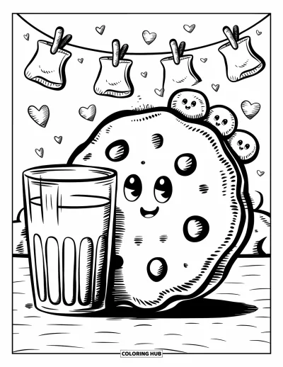 Coloriage de Cookie pour adultes : Un cookie géant avec un sourire s’appuie sur un verre de lait avec de minuscules amis cookies