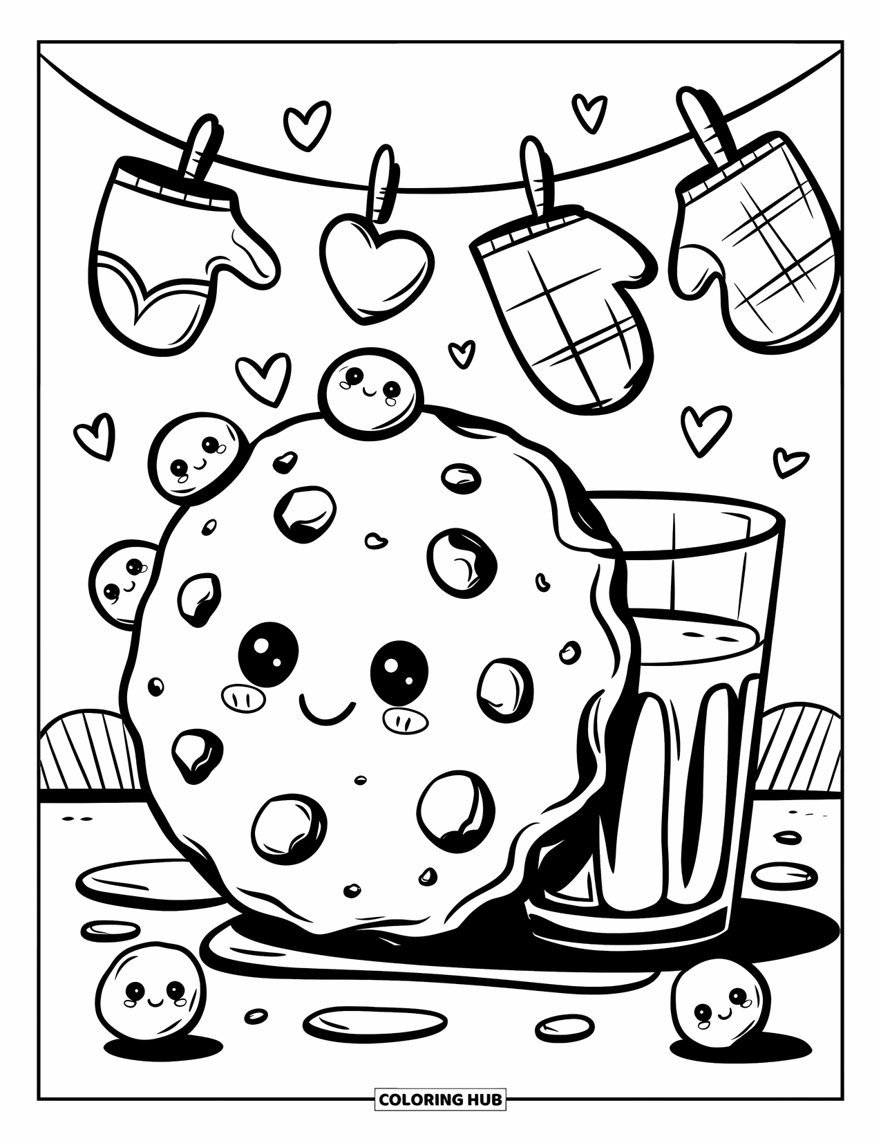 Cookie Coloring Page for Adults: A giant kawaii cookie leans on a milk glass, with tiny cookie friends peeking behind