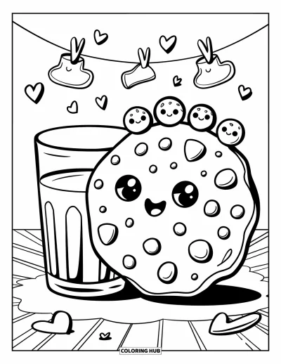 Coloriage de cookie pour adultes : un cookie kawaii géant repose près d’un verre de lait avec de petits amis et des cœurs flottants