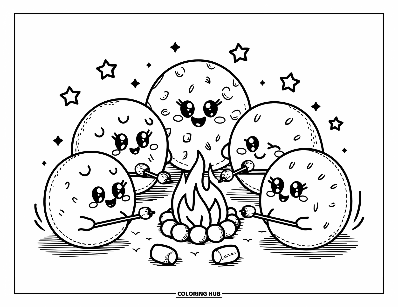 Cookie Coloring Page for Adults: A group of kawaii cookies roast mini cookies around a tiny marshmallow campfire under stars