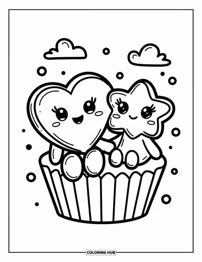 Coloriage de Cookie pour adultes : Un cookie en forme de cœur et un cookie en forme d’étoile sont assis ensemble sur une caissette à cupcake avec des détails mignons