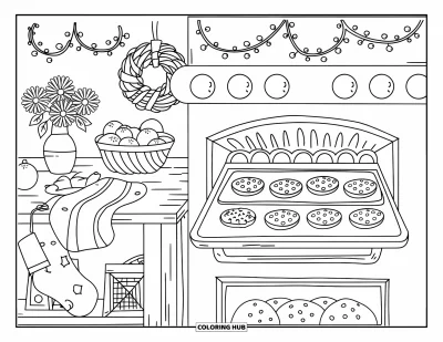 Coloriage de cookie pour adultes : une cuisine de fête avec des cookies en train de cuire, une table, des fleurs et des décorations de Noël