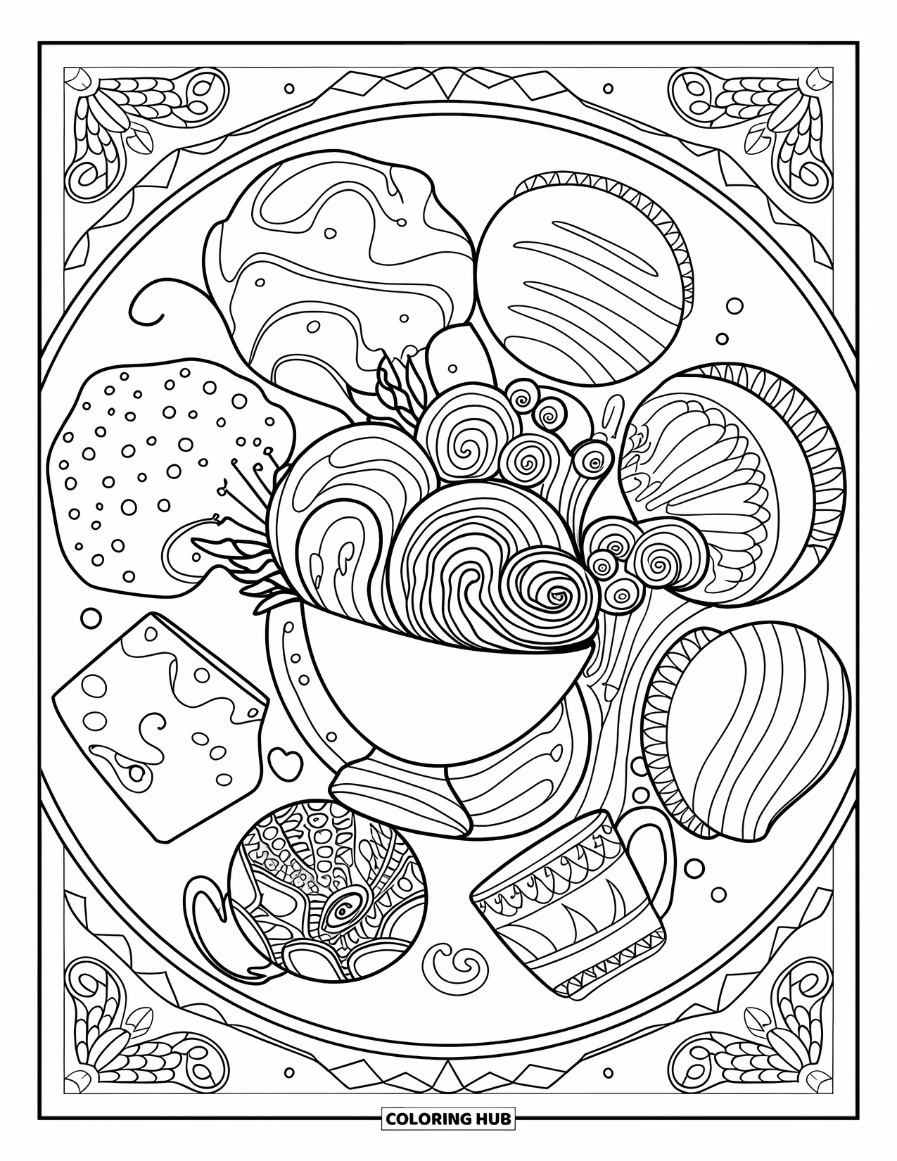 Cookie Coloring Page for Adults: A mandala design with cookies, teacups, and swirls, surrounded by decorative borders
