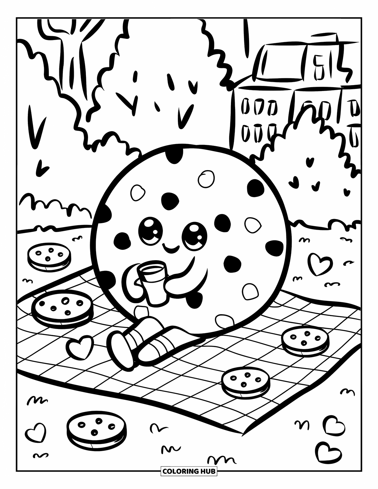 Cookie Coloring Page for Adults: A round chocolate chip cookie sits on a picnic blanket, holding a cup of milk