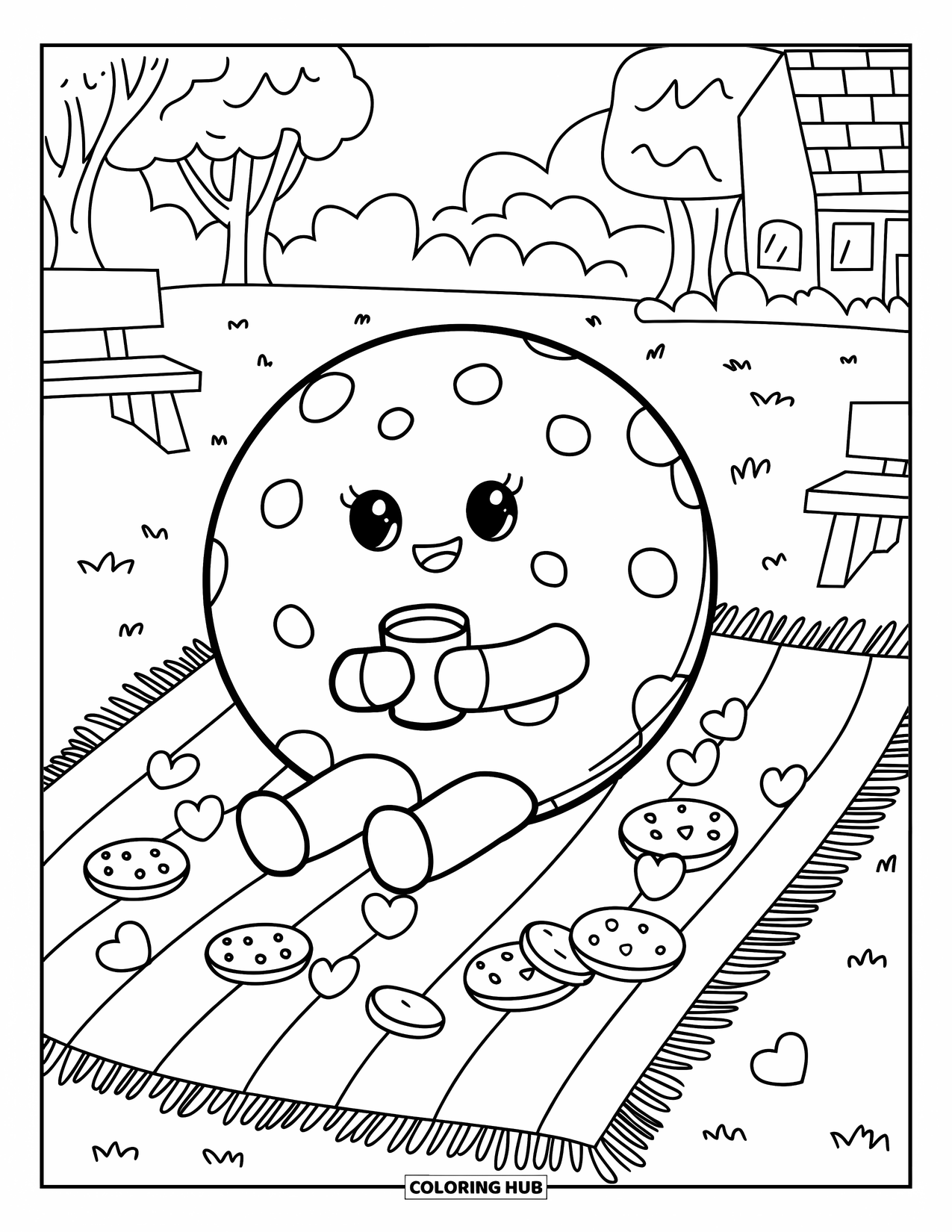 Cookie Coloring Page for Adults: A round cookie on a picnic blanket holds a cup of milk, with a scenic background