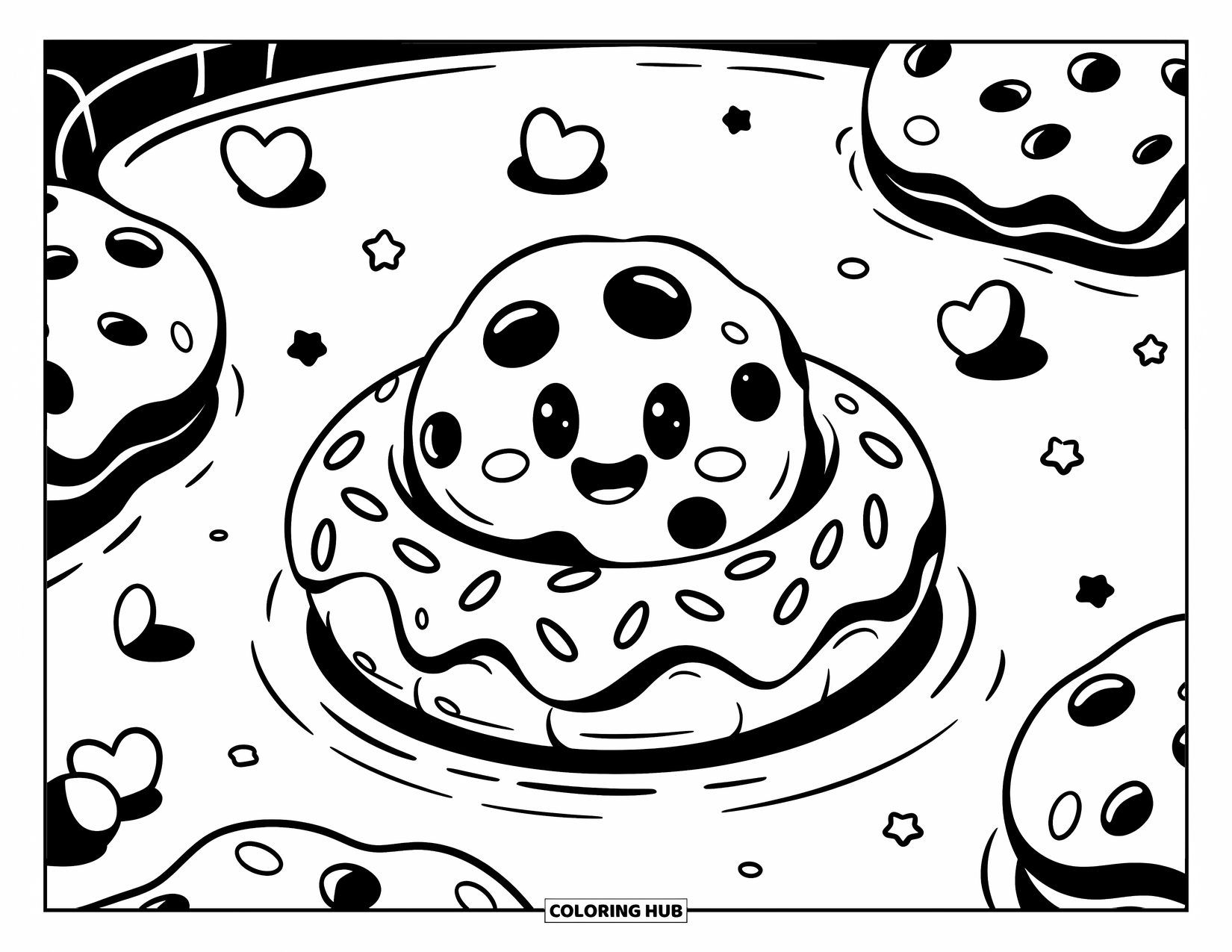 Cookie Coloring Page for Adults: A smiling cookie floats on a donut ring in milk, surrounded by hearts and stars