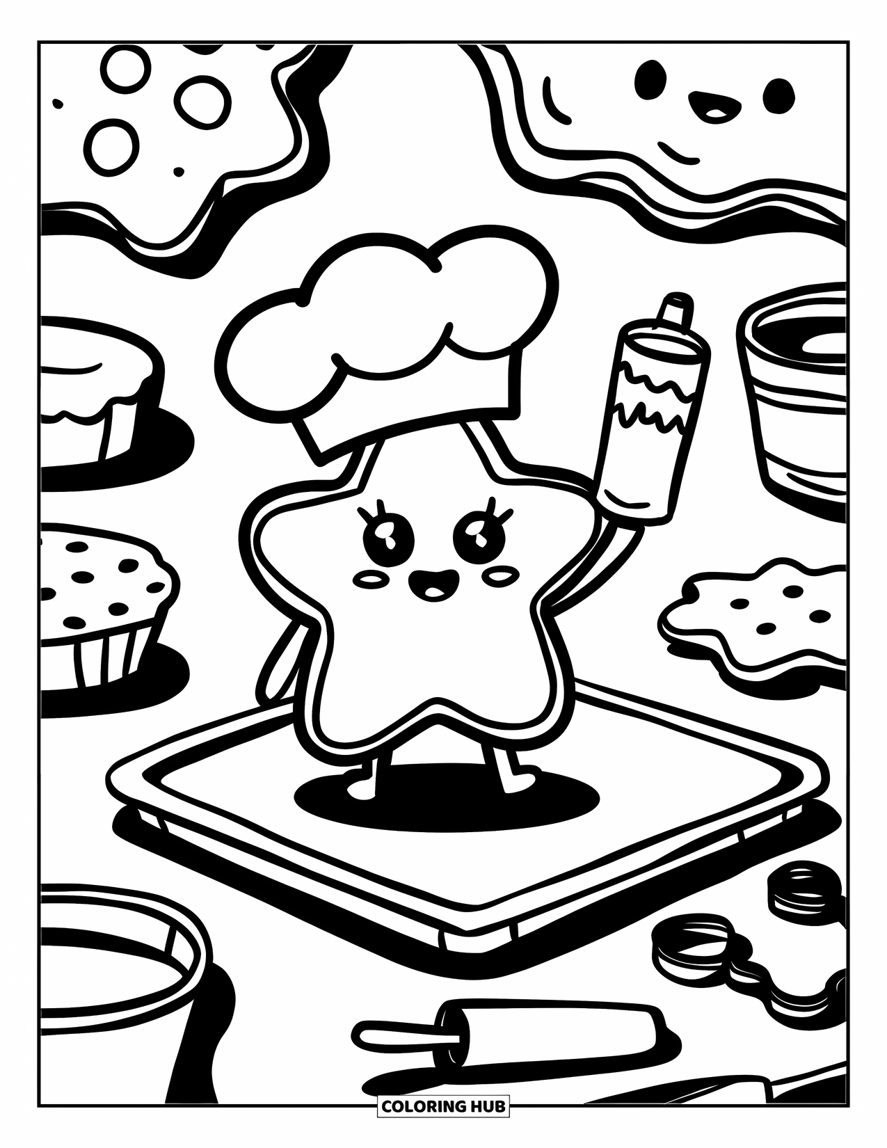 Cookie Coloring Page for Adults: A star-shaped cookie chef holds a frosting tube surrounded by baking tools and treats