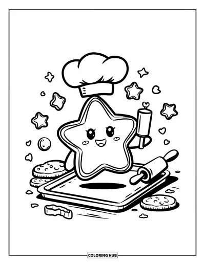 Coloriage de Cookie pour adultes : Un cookie en forme d’étoile avec un chapeau de chef se tient sur un plateau, prêt à cuire avec du glaçage