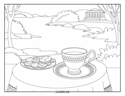 Coloriage de cookie pour adultes : une tasse de thé et des cookies sont posés sur une table, avec un paysage serein en arrière-plan