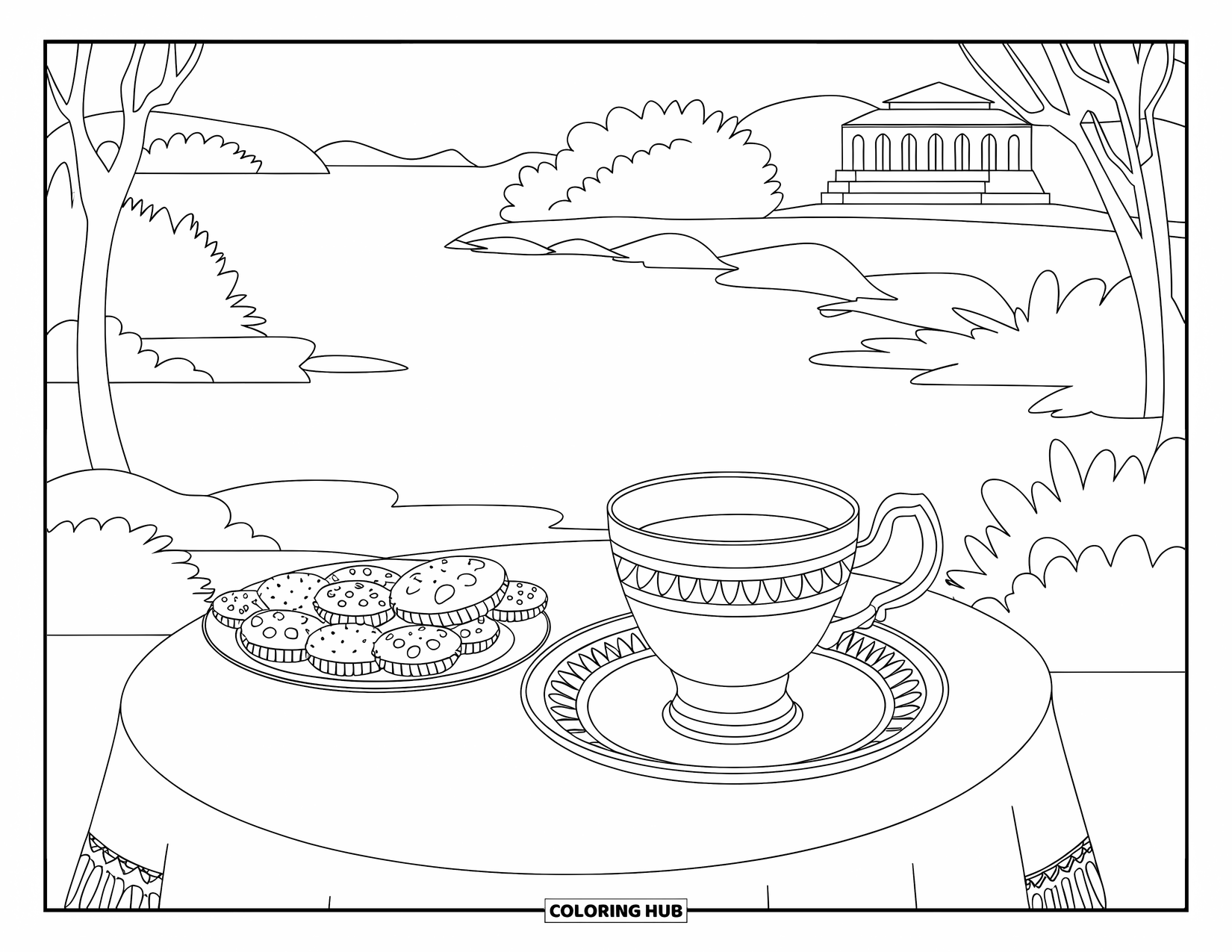 Cookie Coloring Page for Adults: A teacup and cookies are set on a table, with a serene landscape in the background