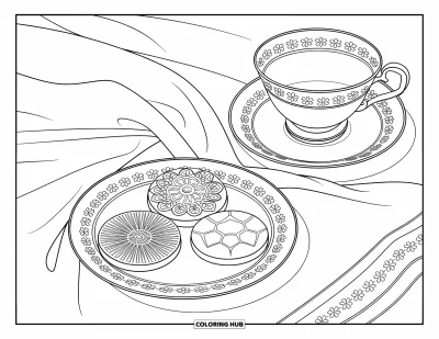 Coloriage de cookie pour adultes : une tasse de thé avec des cookies sur une assiette, avec des motifs floraux et géométriques, et un tissu beige