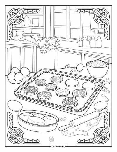 Coloriage de cookie pour adultes : un plateau de cookies, des outils de pâtisserie et des ingrédients dans une cuisine avec des étagères en bois et une fenêtre