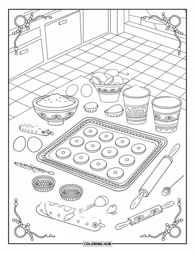 Coloriage de cookie pour adultes : un plateau de cookies entouré d’outils et d’ingrédients de pâtisserie dans une cuisine confortable
