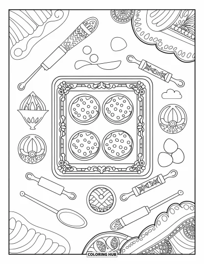 Coloriage de cookie pour adultes : un plateau de cookies entouré d’outils et d’ingrédients de pâtisserie ornés, avec des motifs complexes