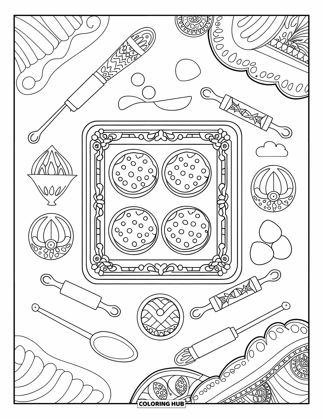 Cookie Coloring Page for Adults: A tray of cookies surrounded by ornate baking tools and ingredients, with intricate patterns