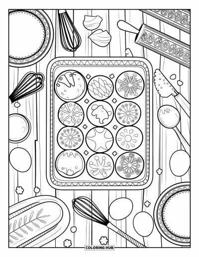 Coloriage de cookie pour adultes : un plateau de cookies de différentes formes, entouré d’outils et d’ingrédients de pâtisserie sur une surface en bois